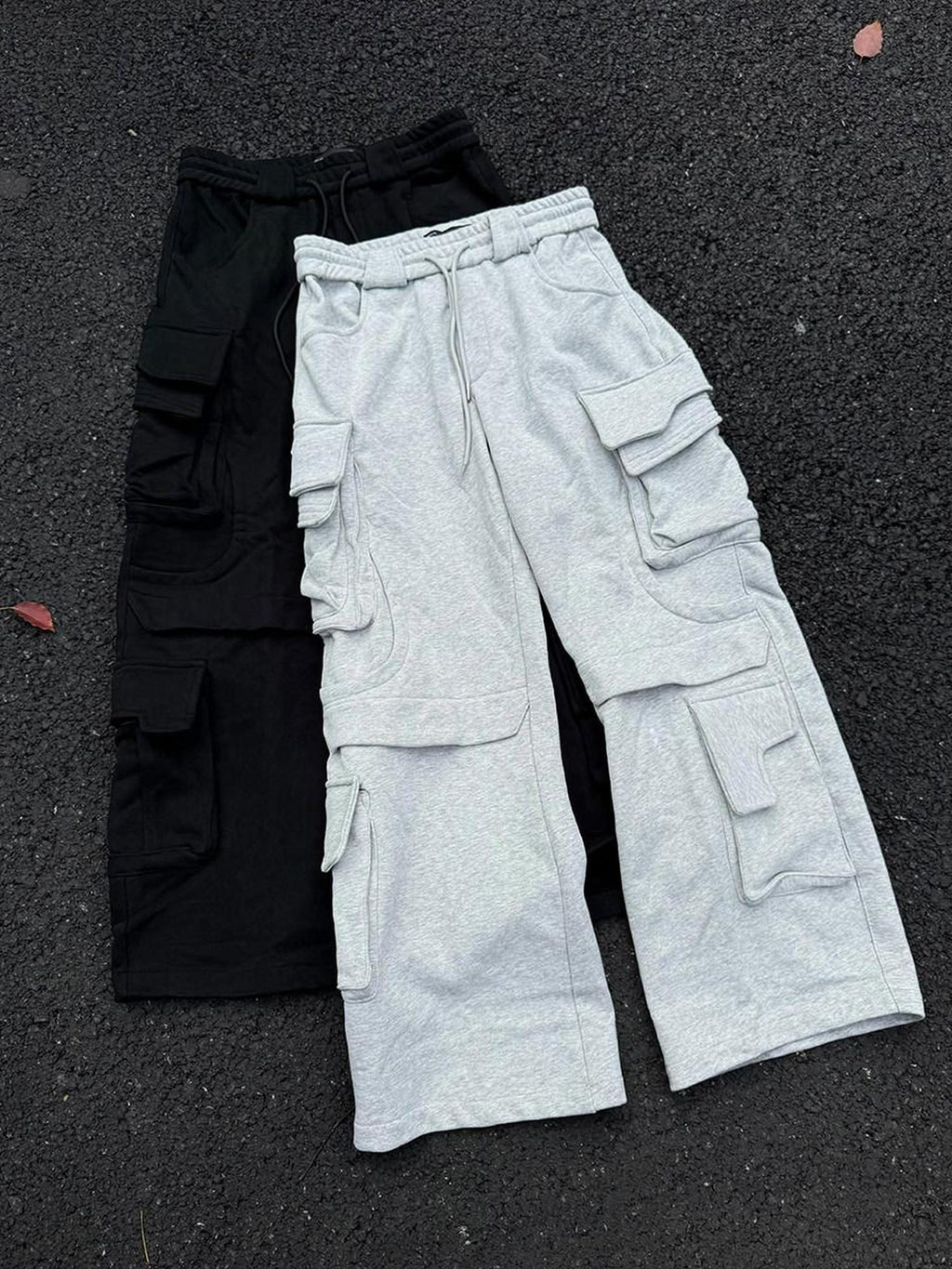 CATSSTAC Trendy Youth Straight Mid Waist Solid Black Light Gray Casual Cargo Pants