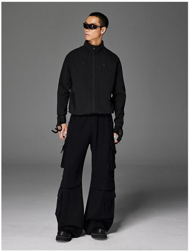 CATSSTAC Trendy Youth Straight Mid Waist Solid Black Light Gray Casual Cargo Pants