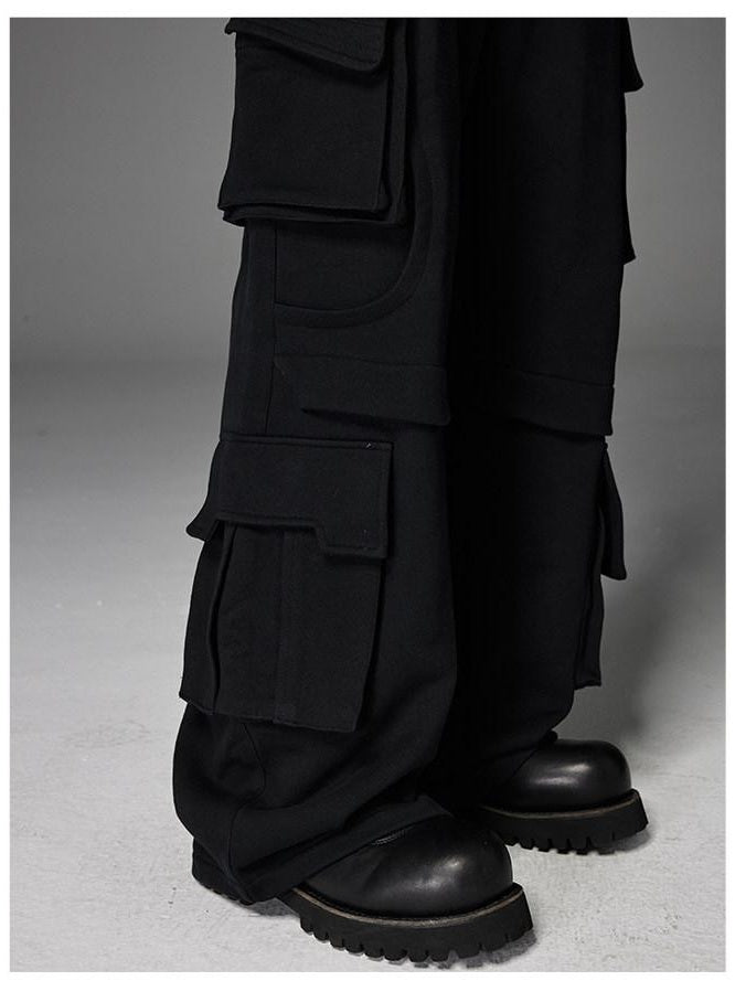 CATSSTAC Trendy Youth Straight Mid Waist Solid Black Light Gray Casual Cargo Pants