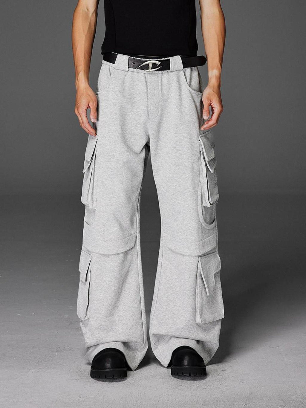 CATSSTAC Trendy Youth Straight Mid Waist Solid Black Light Gray Casual Cargo Pants