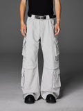 CATSSTAC Trendy Youth Straight Mid Waist Solid Black Light Gray Casual Cargo Pants