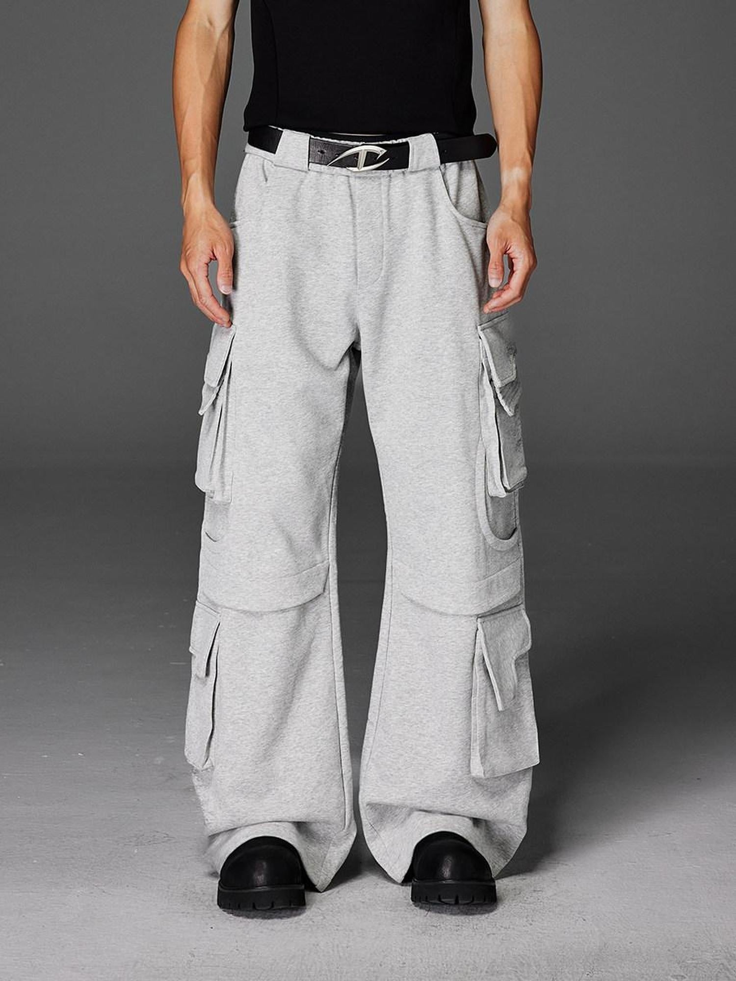 CATSSTAC Trendy Youth Straight Mid Waist Solid Black Light Gray Casual Cargo Pants