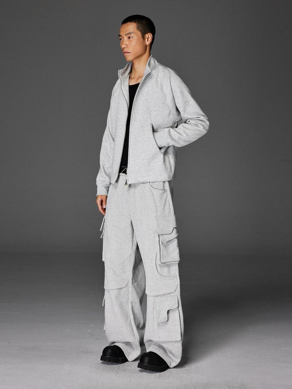 CATSSTAC Trendy Youth Straight Mid Waist Solid Black Light Gray Casual Cargo Pants