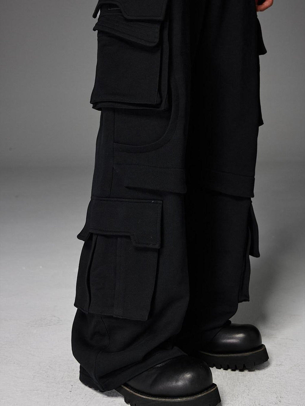 CATSSTAC Trendy Youth Straight Mid Waist Solid Black Light Gray Casual Cargo Pants