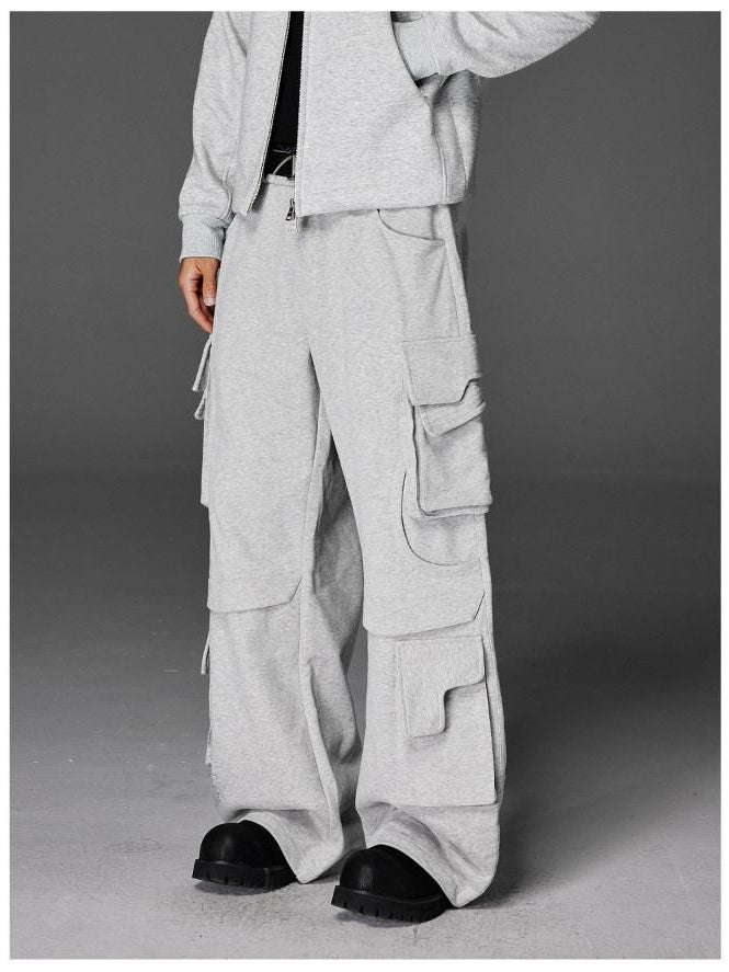CATSSTAC Trendy Youth Straight Mid Waist Solid Black Light Gray Casual Cargo Pants