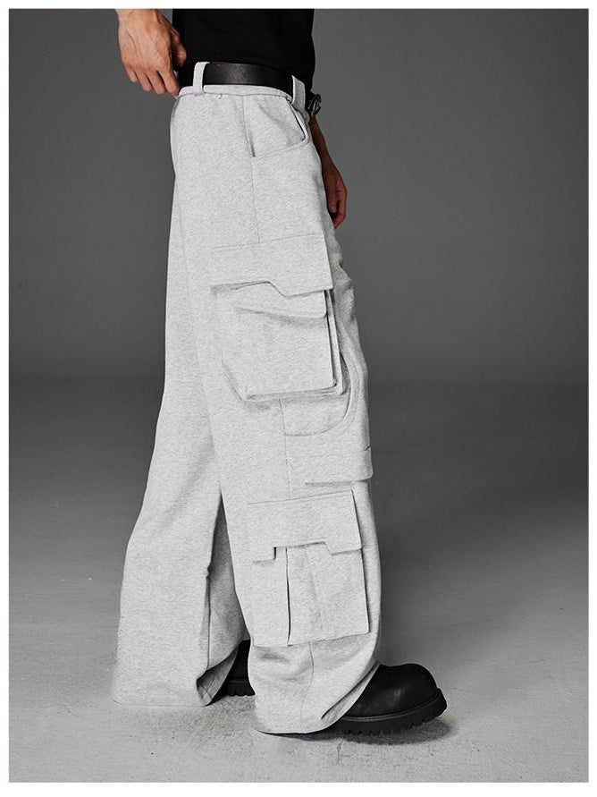 CATSSTAC Trendy Youth Straight Mid Waist Solid Black Light Gray Casual Cargo Pants