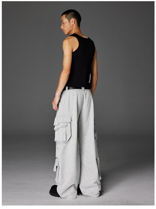CATSSTAC Trendy Youth Straight Mid Waist Solid Black Light Gray Casual Cargo Pants