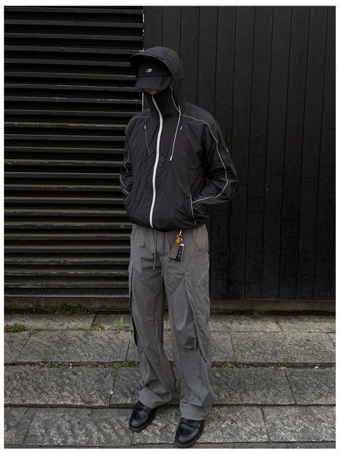 CATSSTAC Uv Protection Relaxed Drawstring Nylon Stretch Black Wide Leg Pants