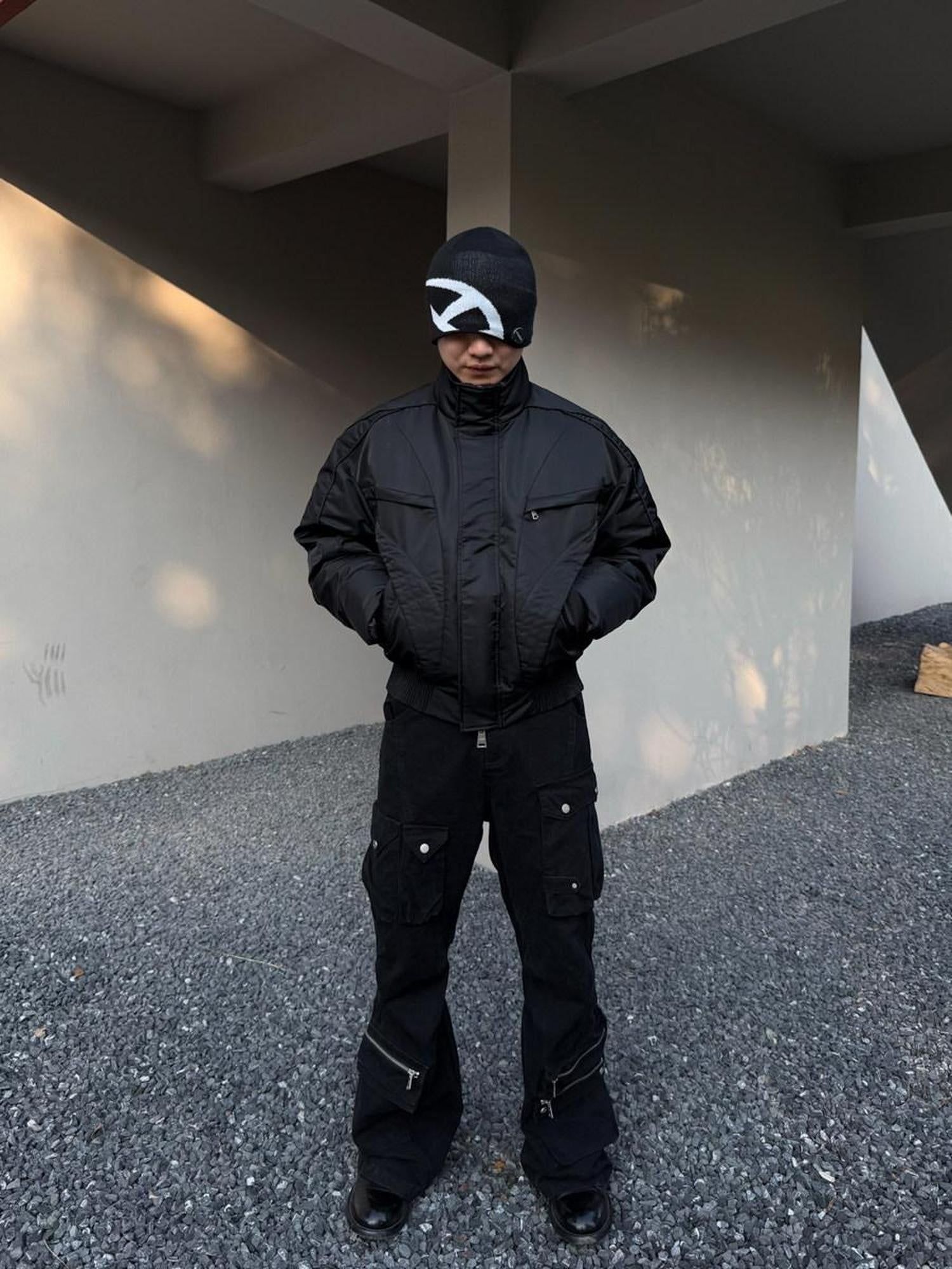 CATSSTAC Warm Cotton Filled Loose Stand Collar Unisex Black Puffer Jackets