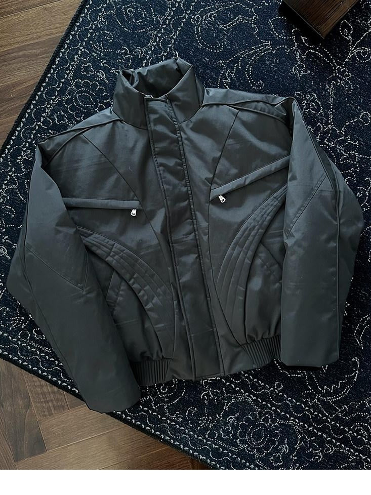 CATSSTAC Warm Cotton Filled Loose Stand Collar Unisex Black Puffer Jackets