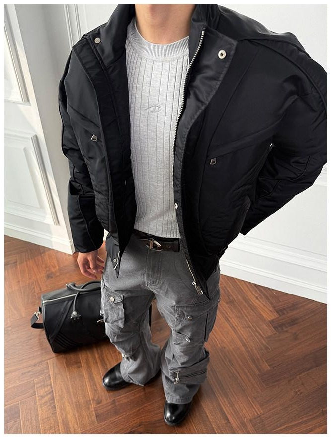 CATSSTAC Warm Cotton Filled Loose Stand Collar Unisex Black Puffer Jackets