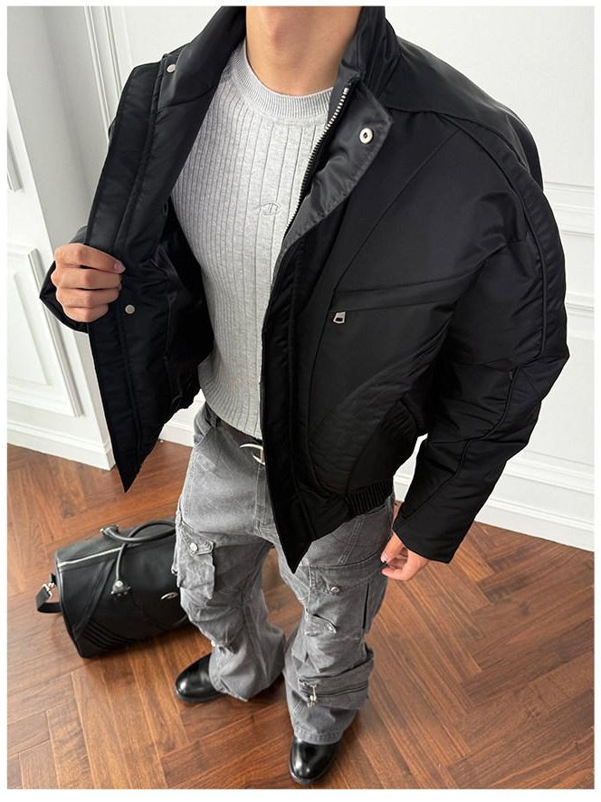 CATSSTAC Warm Cotton Filled Loose Stand Collar Unisex Black Puffer Jackets