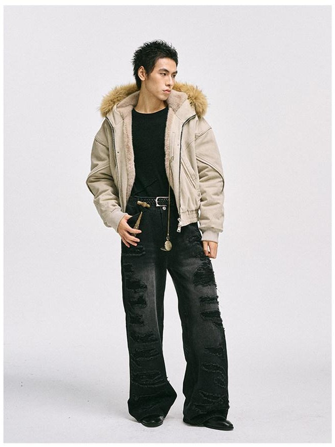 CATSSTAC Warm Fleece Lined Washed Loose Fit Hooded Unisex Cleanfit Cotton Puffer Jackets