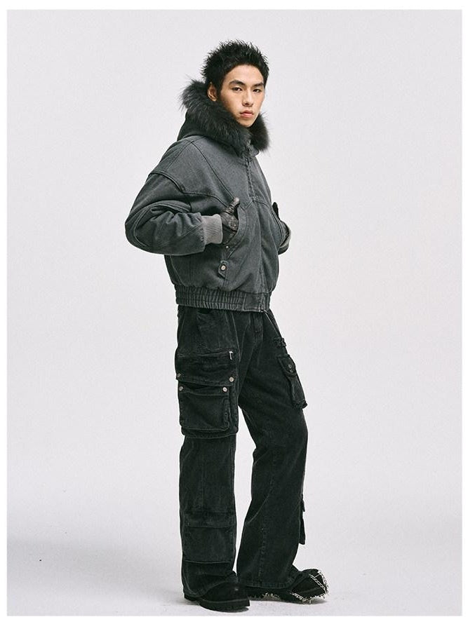 CATSSTAC Warm Fleece Lined Washed Loose Fit Hooded Unisex Cleanfit Cotton Puffer Jackets