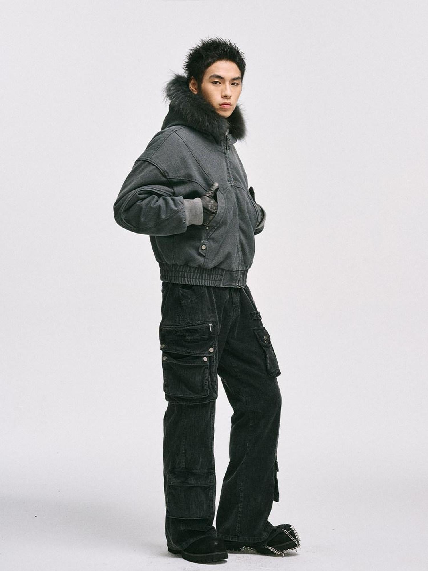 CATSSTAC Warm Fleece Lined Washed Loose Fit Hooded Unisex Cleanfit Cotton Puffer Jackets