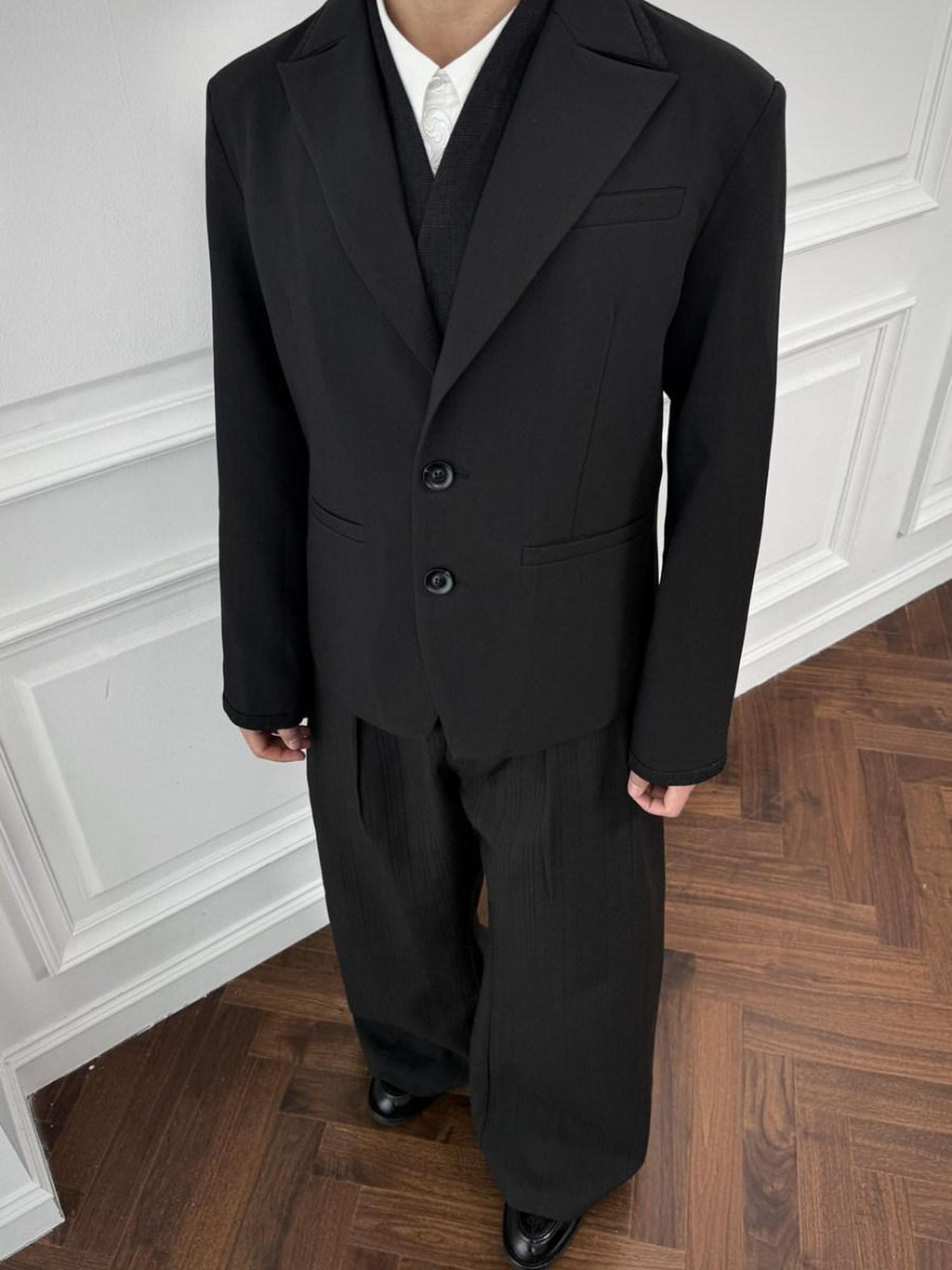 CATSSTAC Warm Oversized Casual Notch Lapel Two Button Single Vent Mens Black Blazers