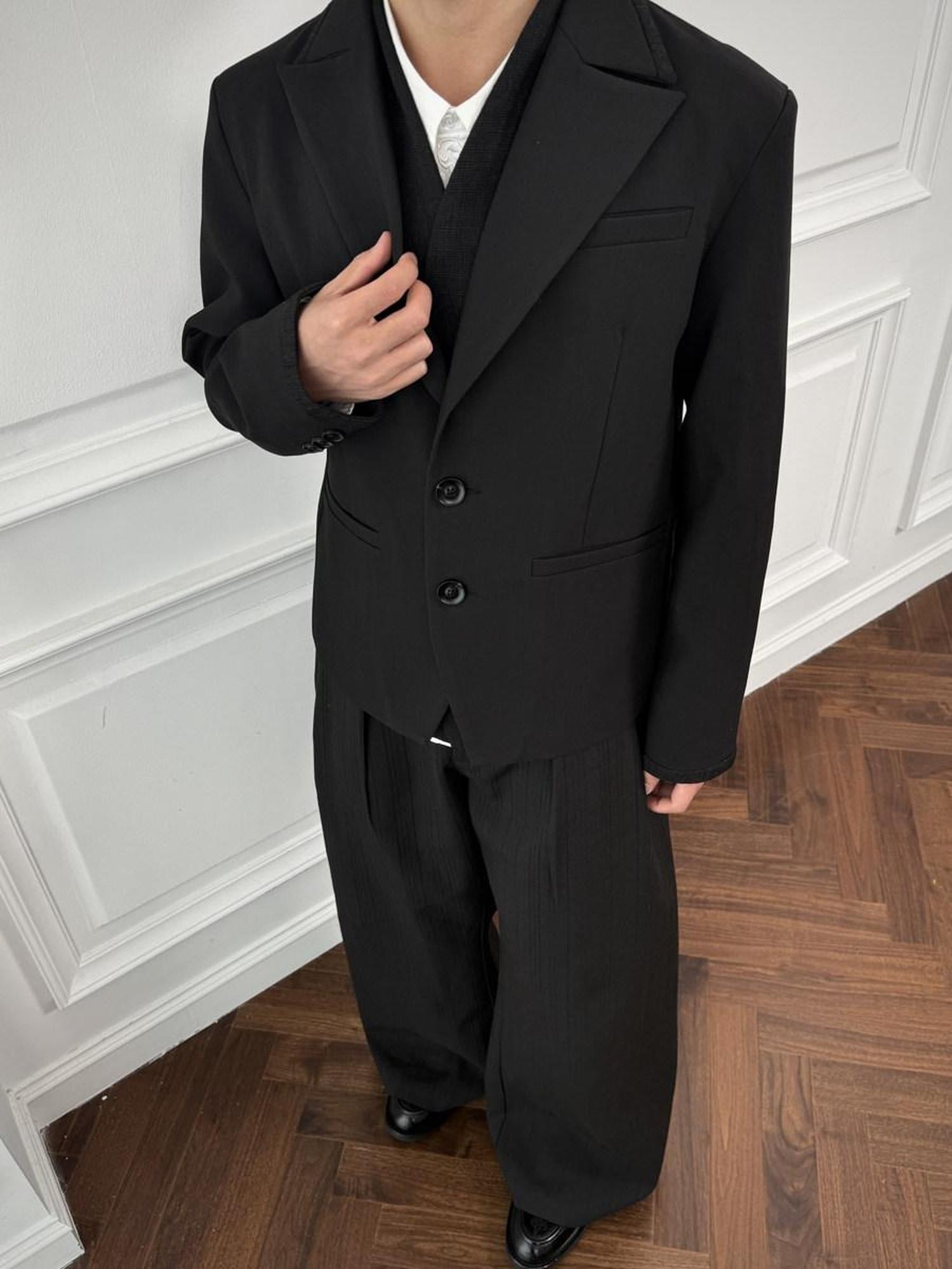 CATSSTAC Warm Oversized Casual Notch Lapel Two Button Single Vent Mens Black Blazers