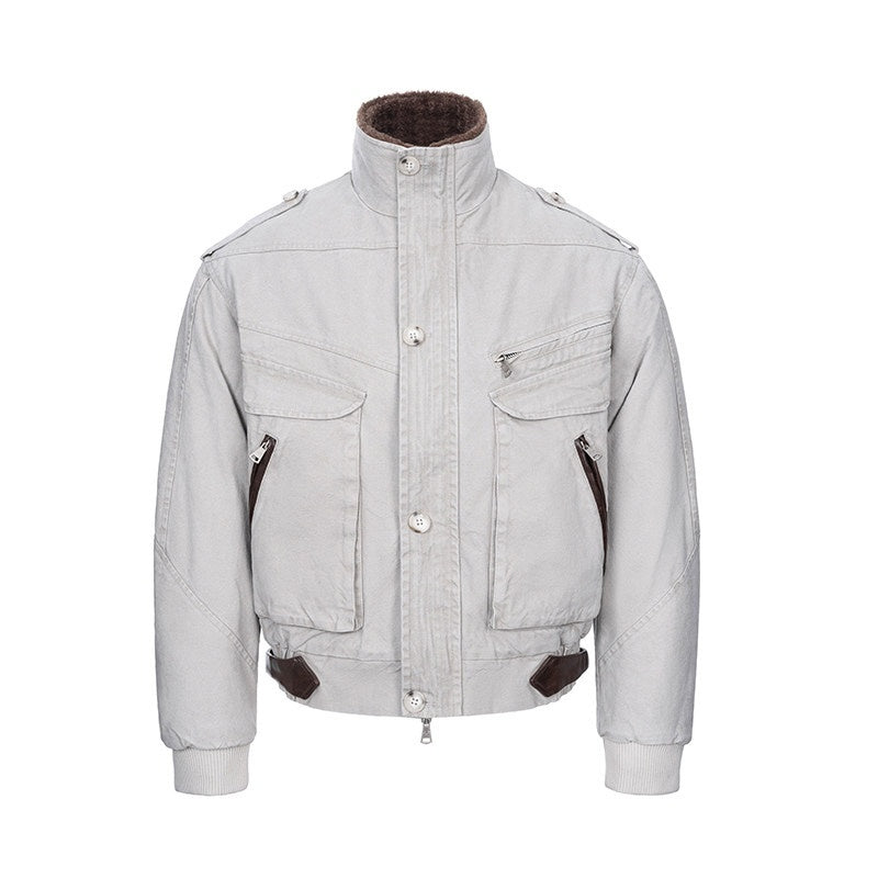 CATSSTAC Warm Relaxed Fit Clean Fit Lapel Collar Casual Youth Beige Puffer Jackets
