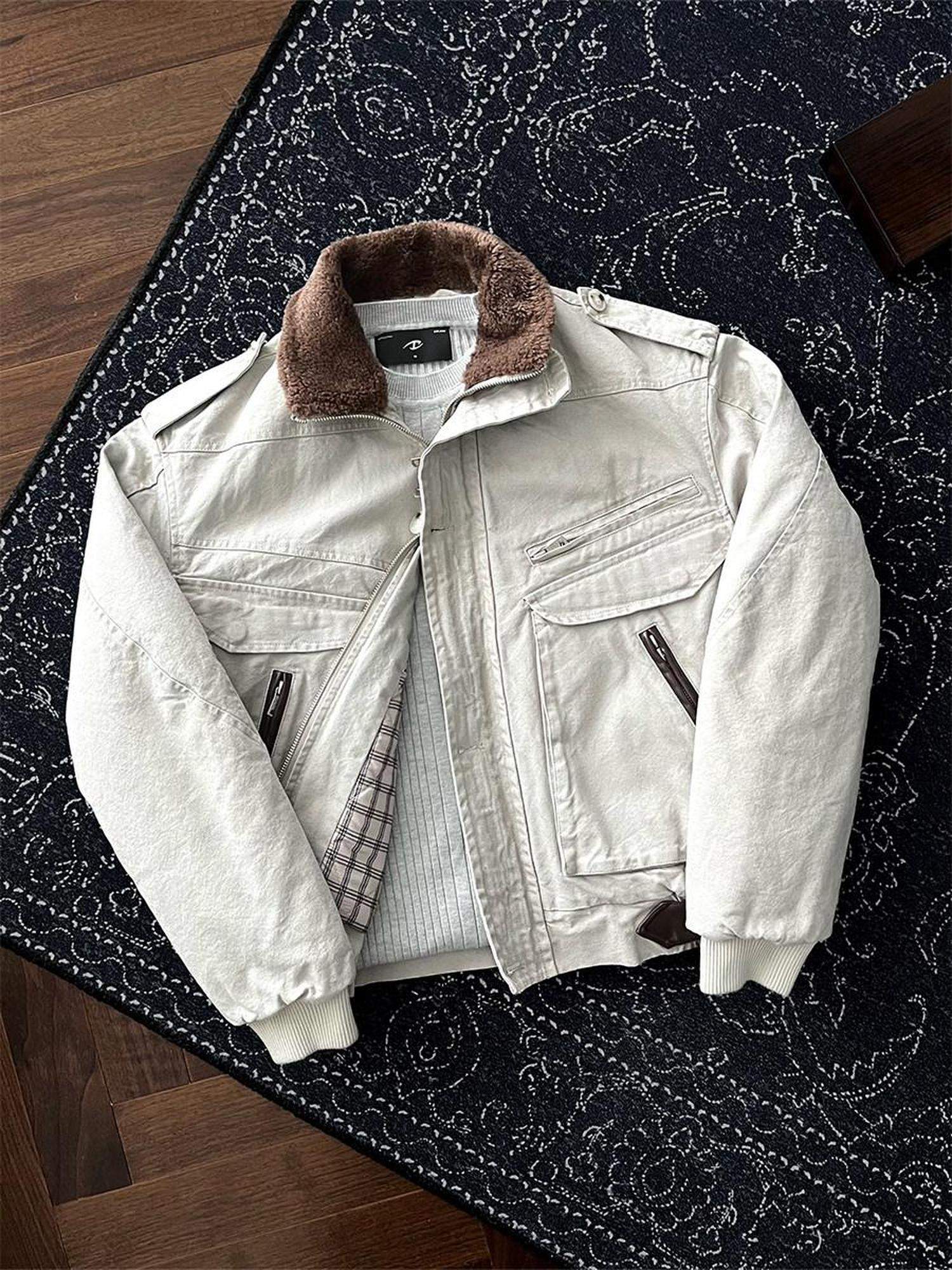 CATSSTAC Warm Relaxed Fit Clean Fit Lapel Collar Casual Youth Beige Puffer Jackets