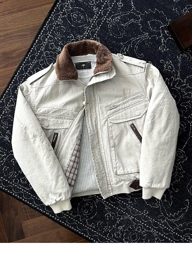 CATSSTAC Warm Relaxed Fit Clean Fit Lapel Collar Casual Youth Beige Puffer Jackets