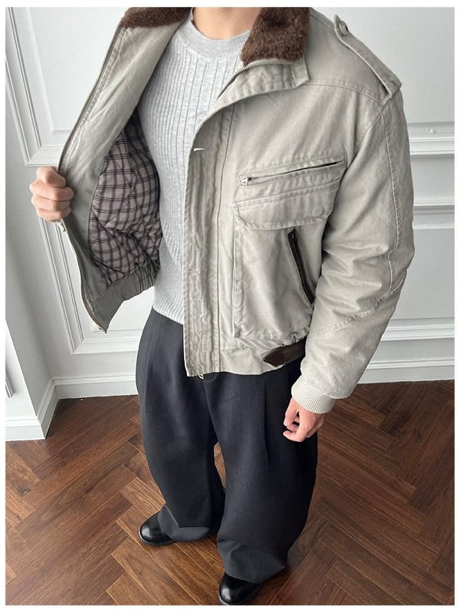 CATSSTAC Warm Relaxed Fit Clean Fit Lapel Collar Casual Youth Beige Puffer Jackets