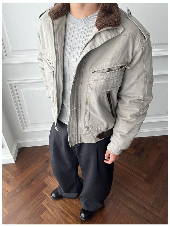 CATSSTAC Warm Relaxed Fit Clean Fit Lapel Collar Casual Youth Beige Puffer Jackets