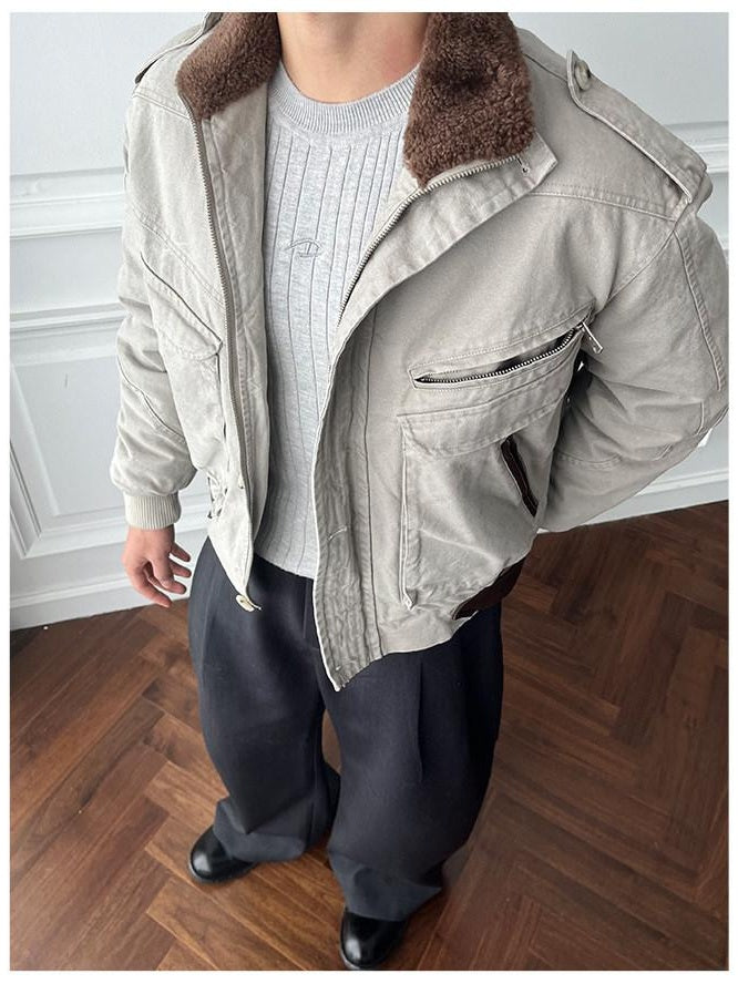 CATSSTAC Warm Relaxed Fit Clean Fit Lapel Collar Casual Youth Beige Puffer Jackets