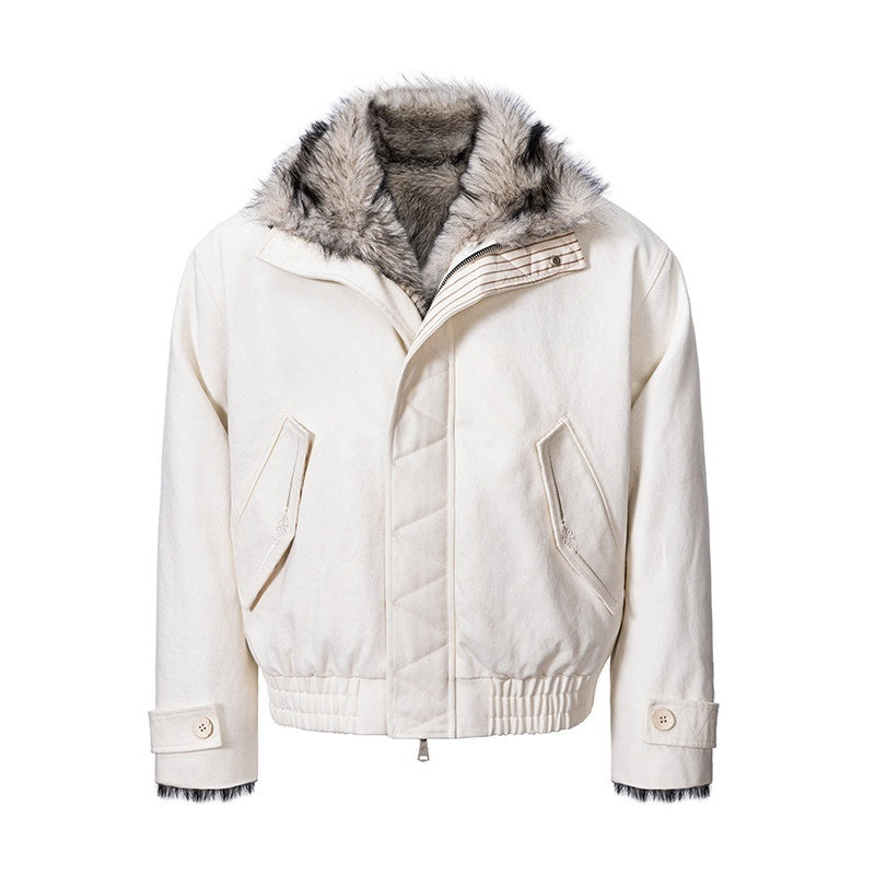 CATSSTAC Warm Stand Collar Zip Loose Fit Casual Unisex Beige Mountain Embroidered Jackets