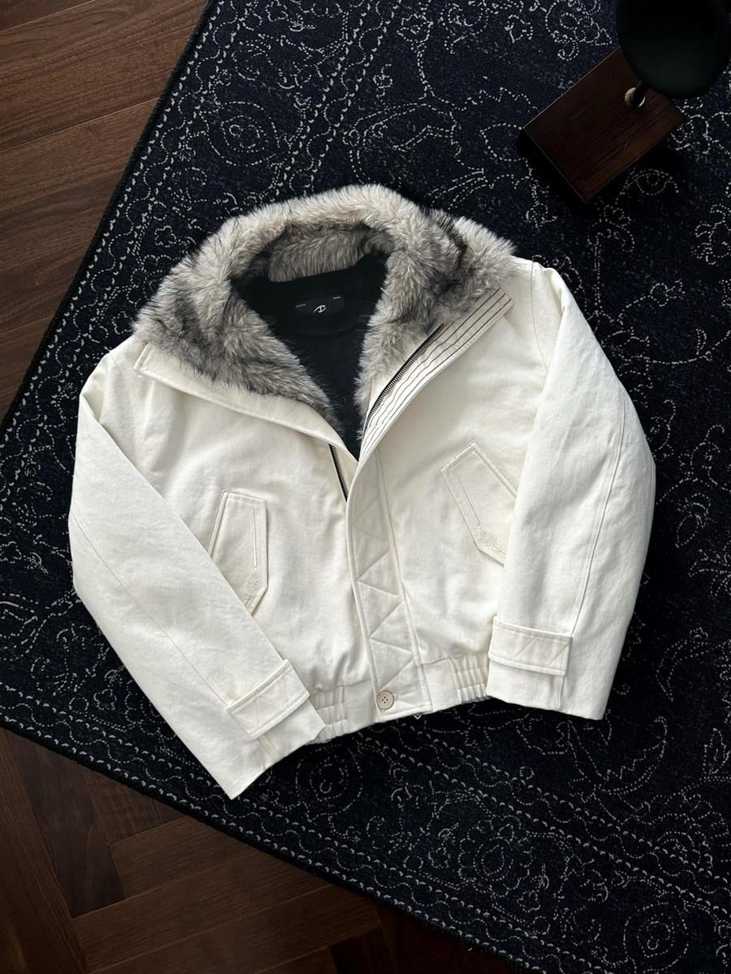 CATSSTAC Warm Stand Collar Zip Loose Fit Casual Unisex Beige Mountain Embroidered Jackets
