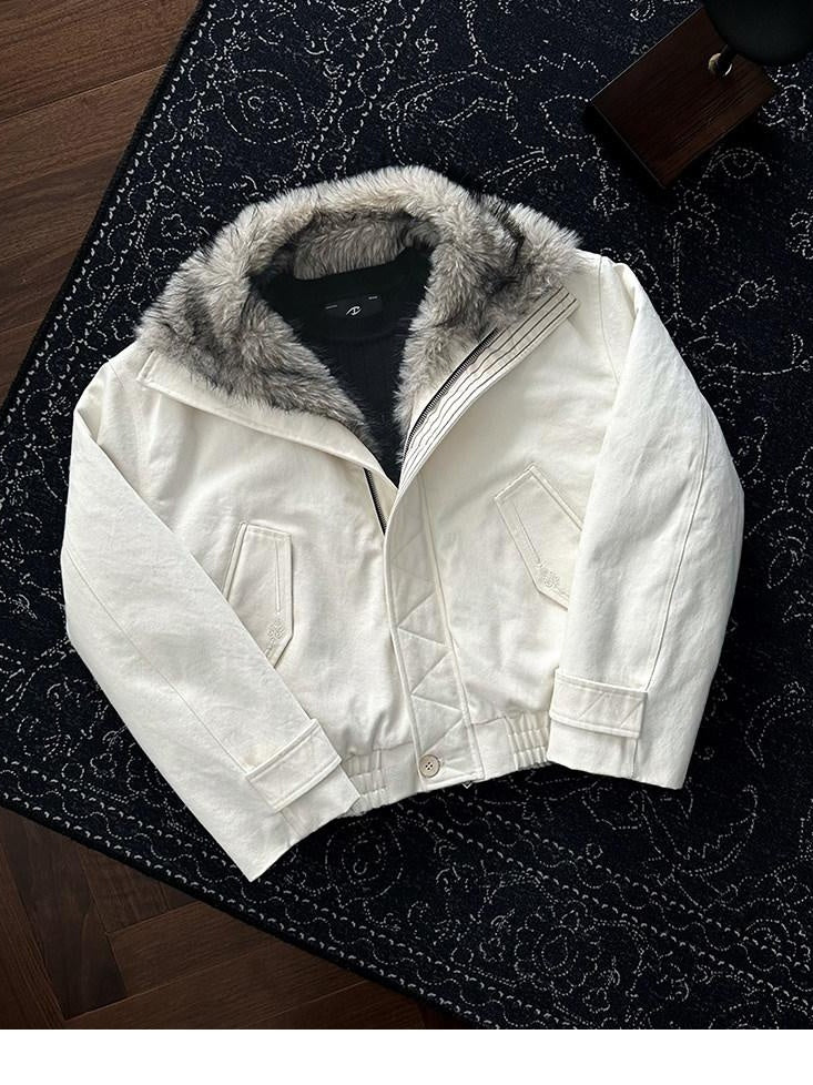 CATSSTAC Warm Stand Collar Zip Loose Fit Casual Unisex Beige Mountain Embroidered Jackets