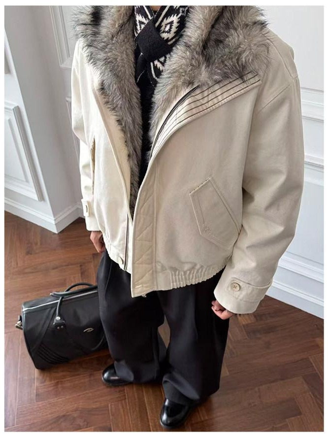 CATSSTAC Warm Stand Collar Zip Loose Fit Casual Unisex Beige Mountain Embroidered Jackets