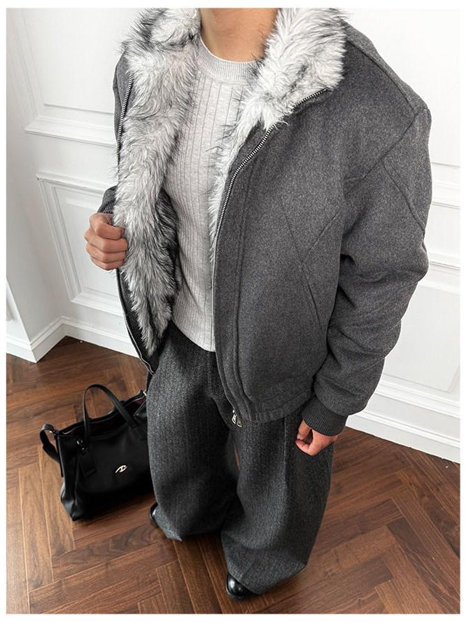CATSSTAC Warm Thick Oversized V-neck Zip Front Unisex Casual White Grey Jackets