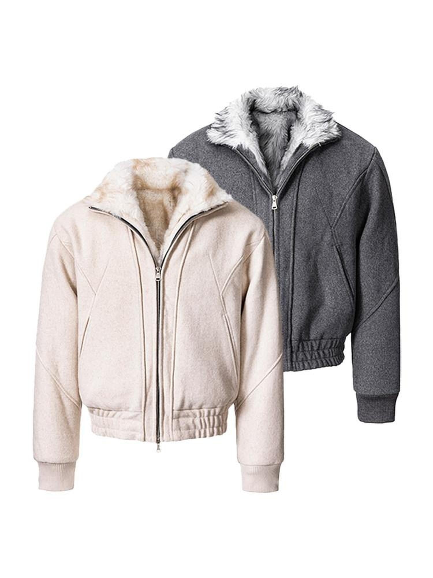 CATSSTAC Warm Thick Oversized V-neck Zip Front Unisex Casual White Grey Jackets