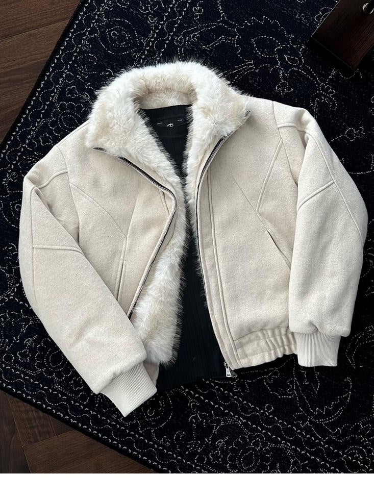 CATSSTAC Warm Thick Oversized V-neck Zip Front Unisex Casual White Grey Jackets
