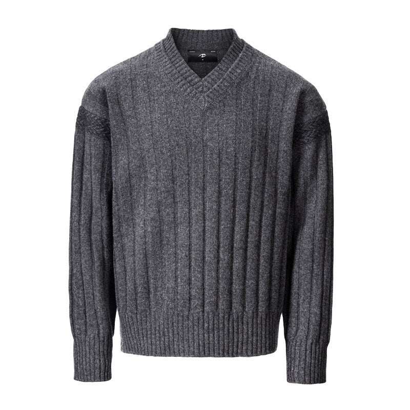 CATSSTAC Warm V-neck Casual Unisex Long Sleeve Dark Gray Knit Pullover Sweaters
