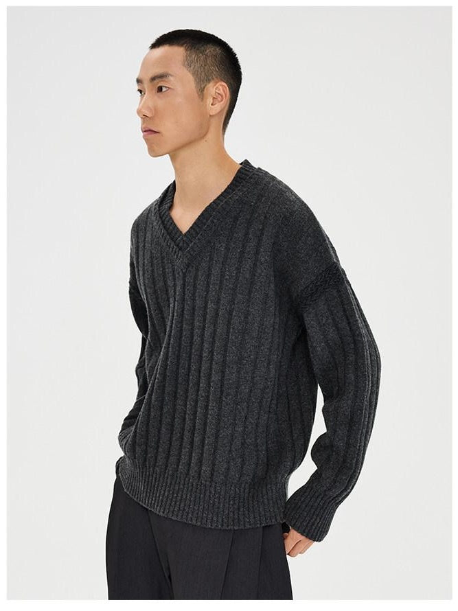 CATSSTAC Warm V-neck Casual Unisex Long Sleeve Dark Gray Knit Pullover Sweaters