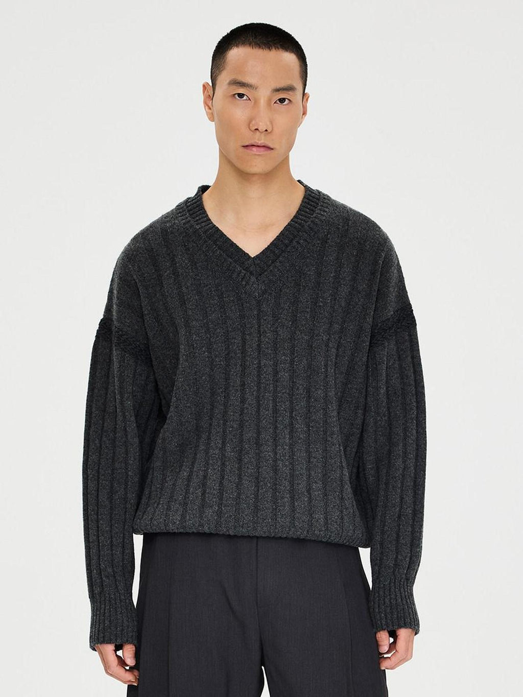 CATSSTAC Warm V-neck Casual Unisex Long Sleeve Dark Gray Knit Pullover Sweaters