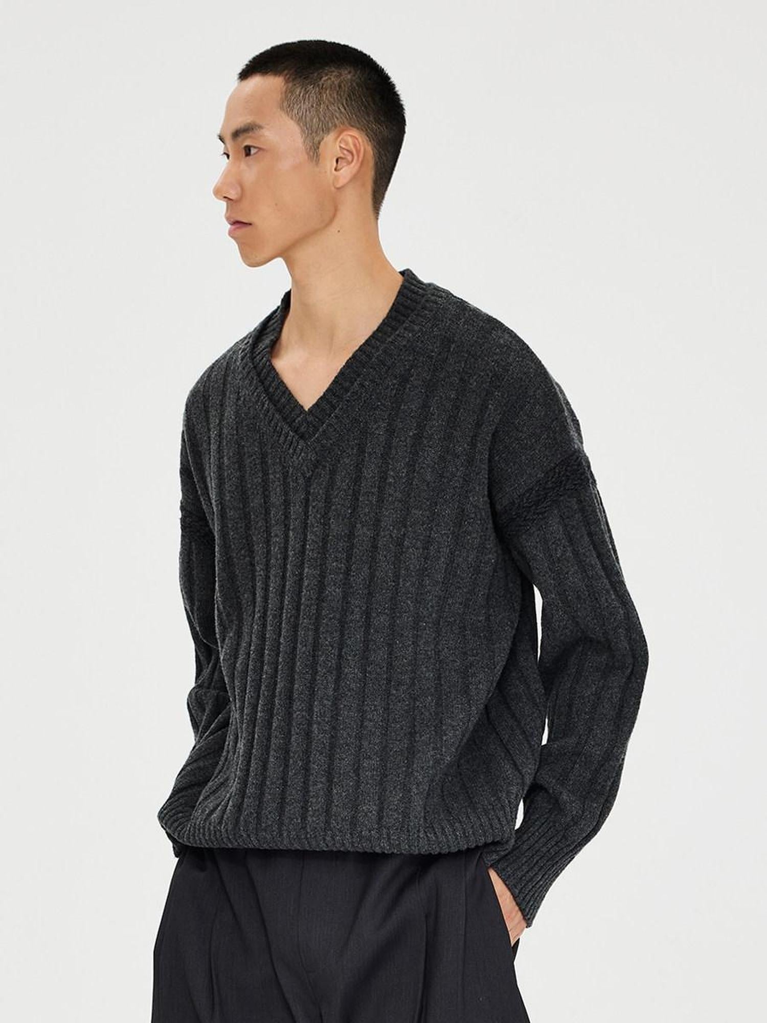 CATSSTAC Warm V-neck Casual Unisex Long Sleeve Dark Gray Knit Pullover Sweaters