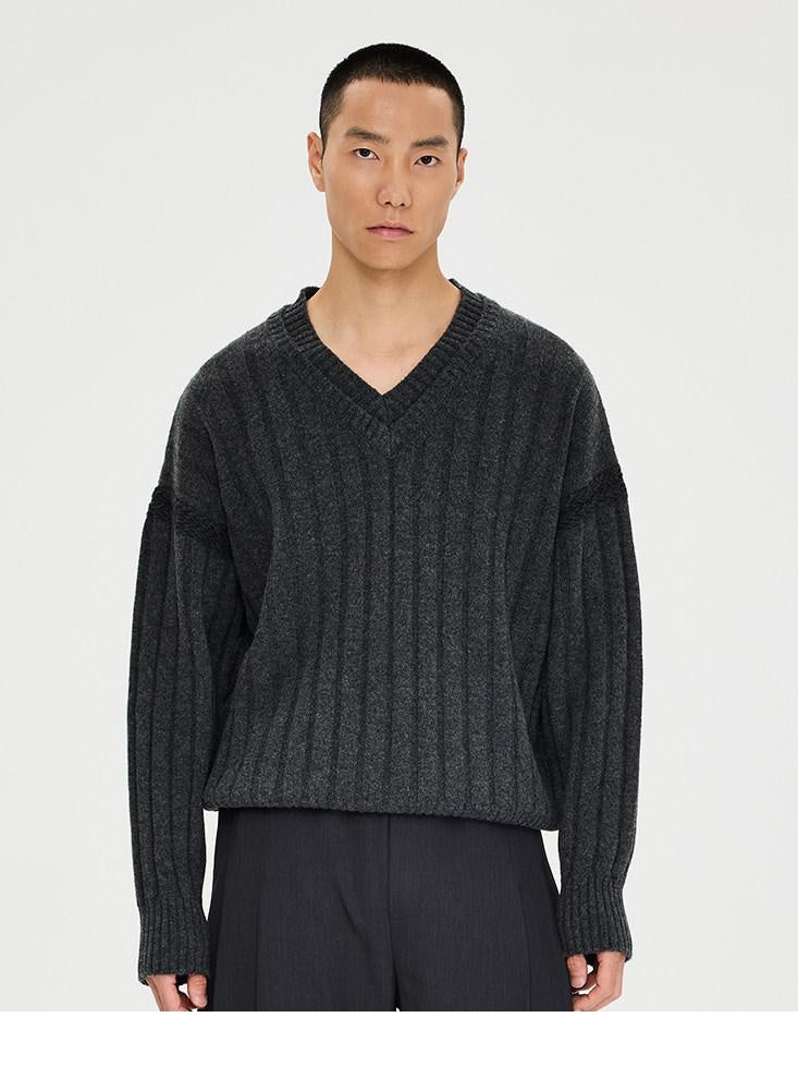 CATSSTAC Warm V-neck Casual Unisex Long Sleeve Dark Gray Knit Pullover Sweaters