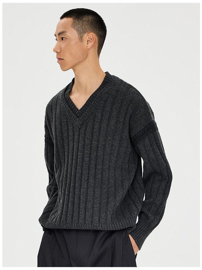CATSSTAC Warm V-neck Casual Unisex Long Sleeve Dark Gray Knit Pullover Sweaters