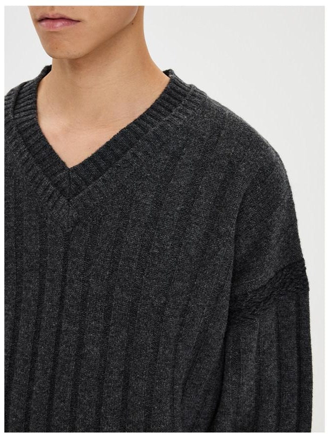 CATSSTAC Warm V-neck Casual Unisex Long Sleeve Dark Gray Knit Pullover Sweaters