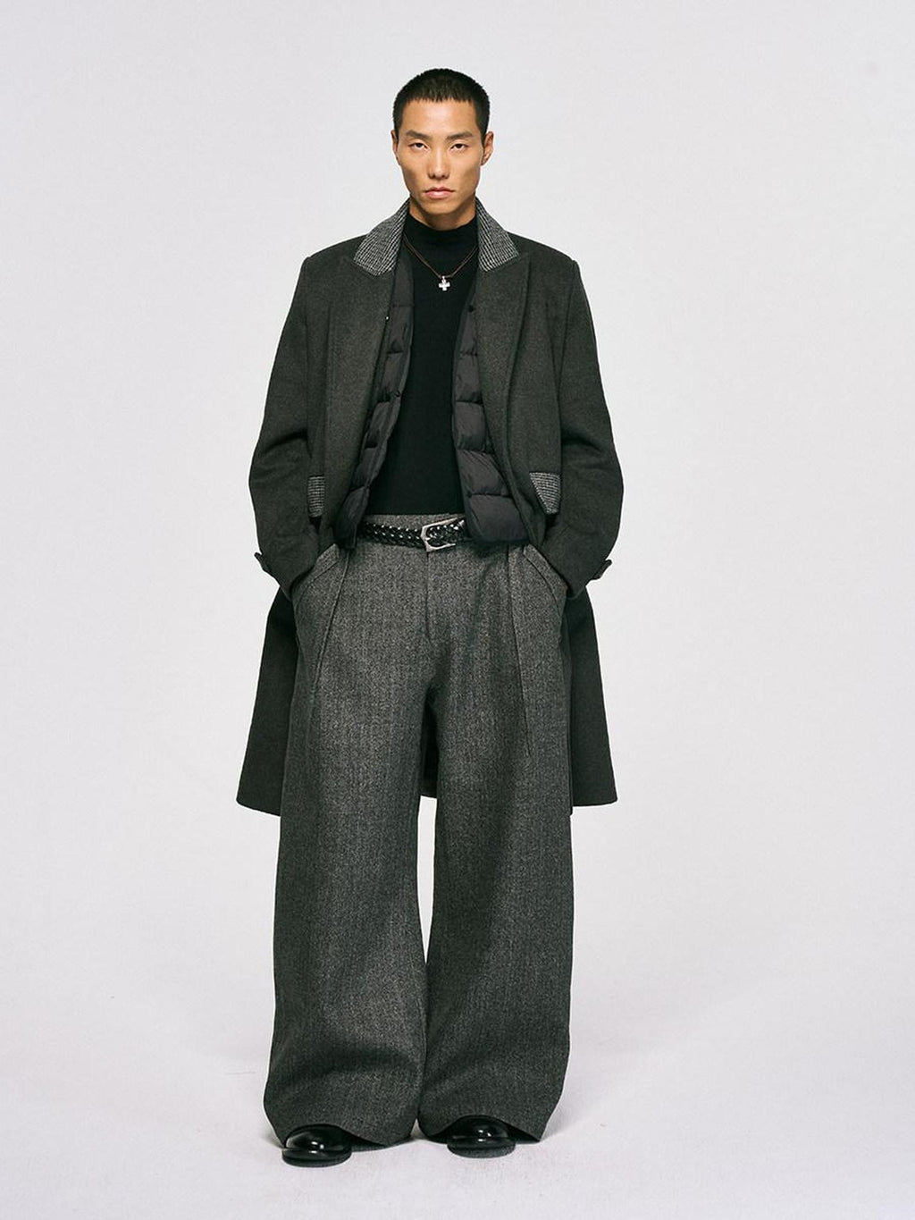 CATSSTAC Warm White Duck Down Long Loose Button Front Casual Dark Gray Trench Coats