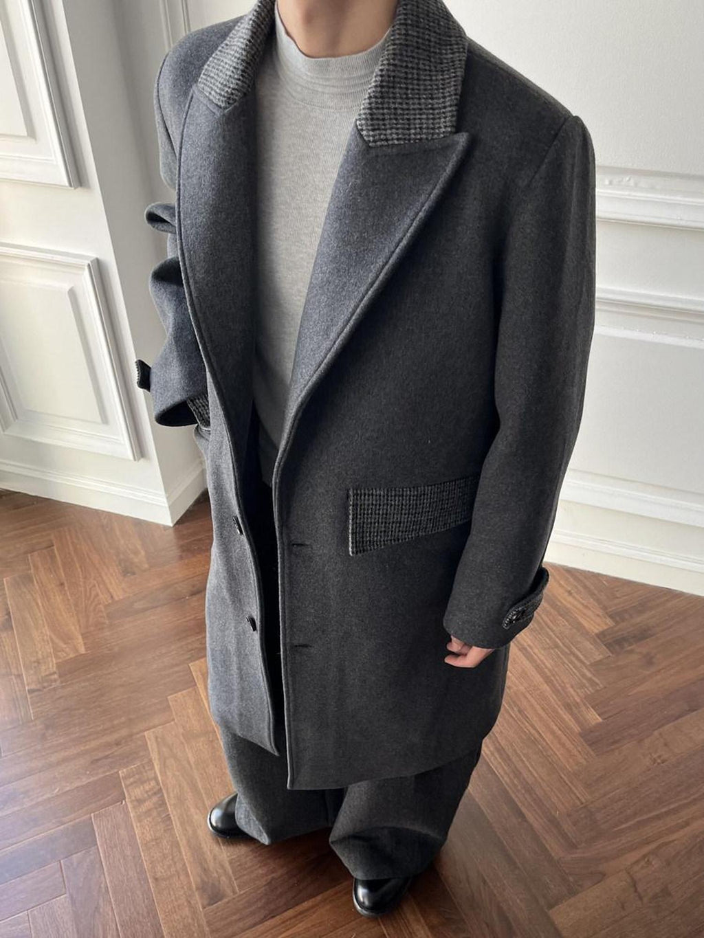CATSSTAC Warm White Duck Down Long Loose Button Front Casual Dark Gray Trench Coats