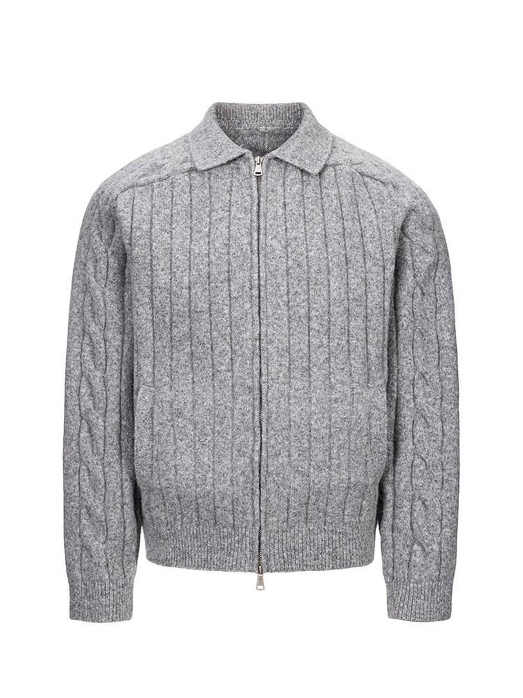 CATSSTAC Warm Zip Front Casual Turn Down Collar Unisex Grey Knit Cardigans
