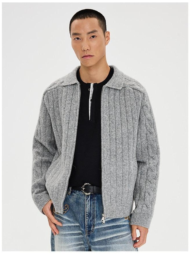 CATSSTAC Warm Zip Front Casual Turn Down Collar Unisex Grey Knit Cardigans