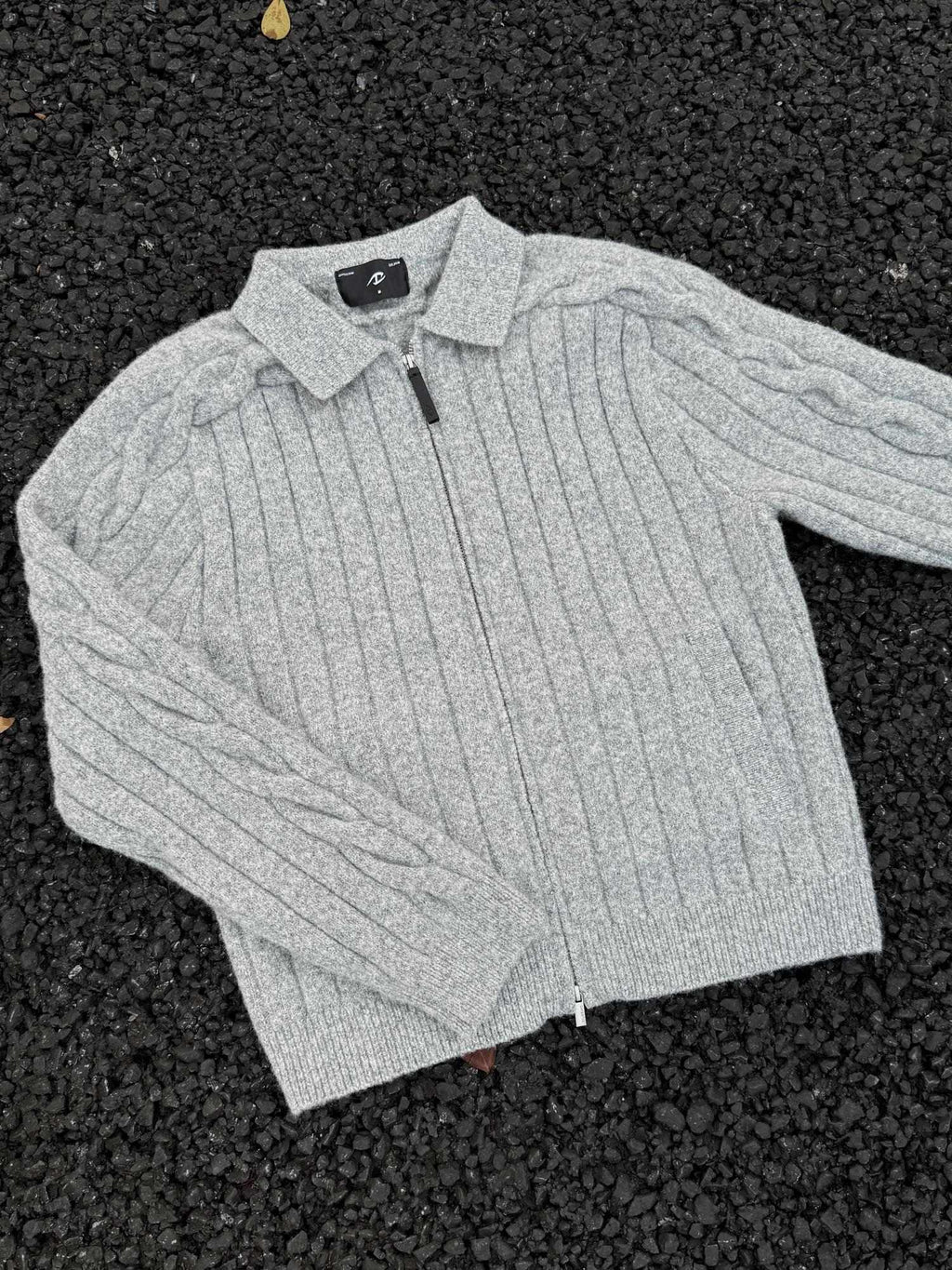 CATSSTAC Warm Zip Front Casual Turn Down Collar Unisex Grey Knit Cardigans