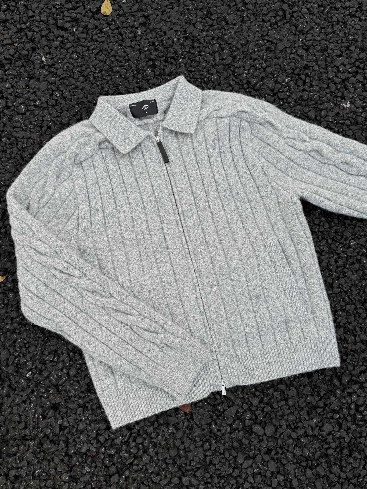 CATSSTAC Warm Zip Front Casual Turn Down Collar Unisex Grey Knit Cardigans