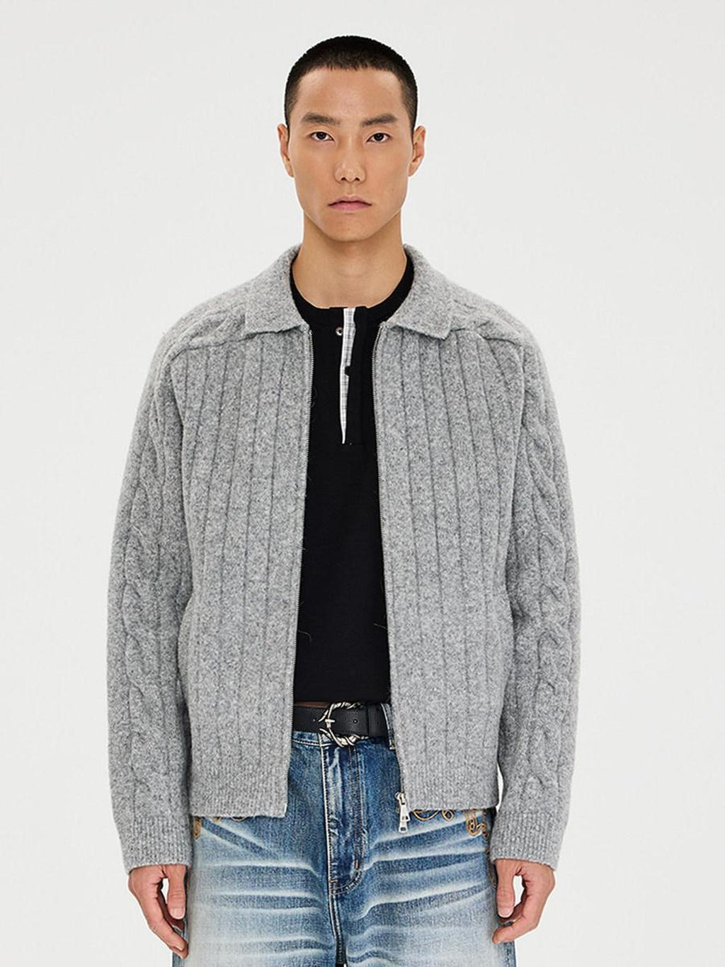 CATSSTAC Warm Zip Front Casual Turn Down Collar Unisex Grey Knit Cardigans