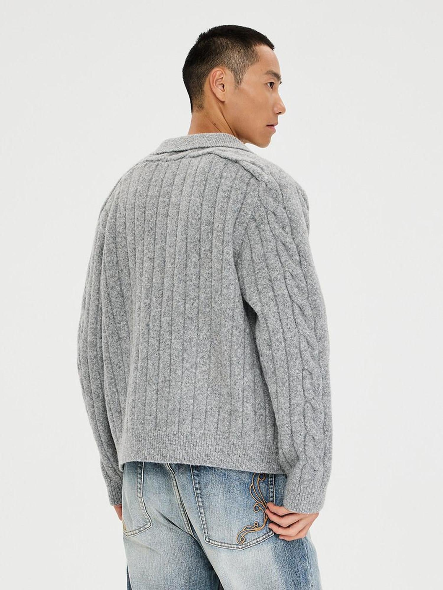 CATSSTAC Warm Zip Front Casual Turn Down Collar Unisex Grey Knit Cardigans