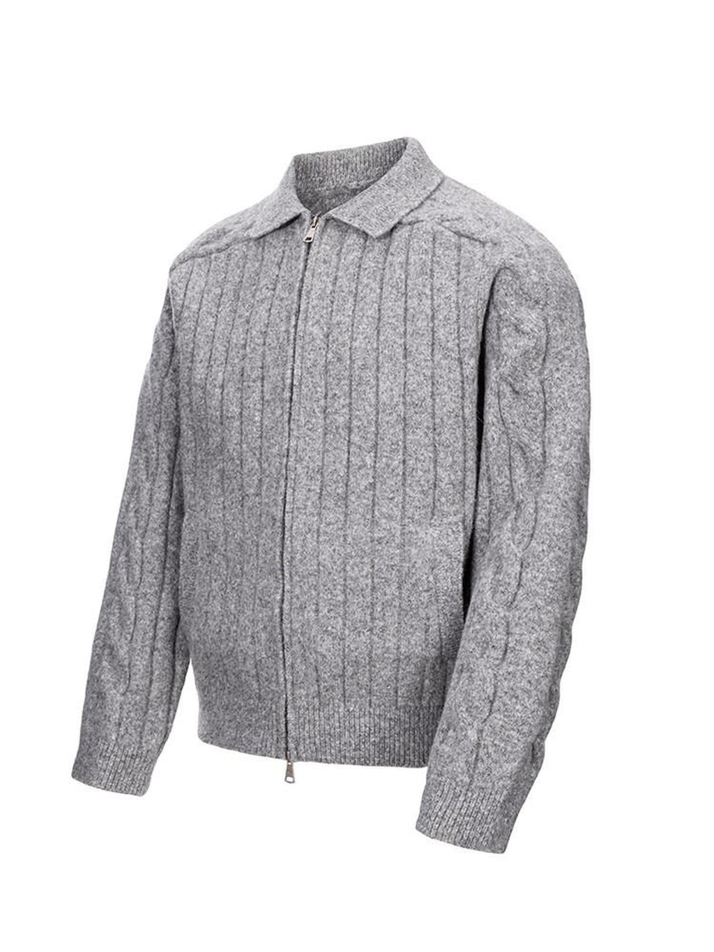 CATSSTAC Warm Zip Front Casual Turn Down Collar Unisex Grey Knit Cardigans